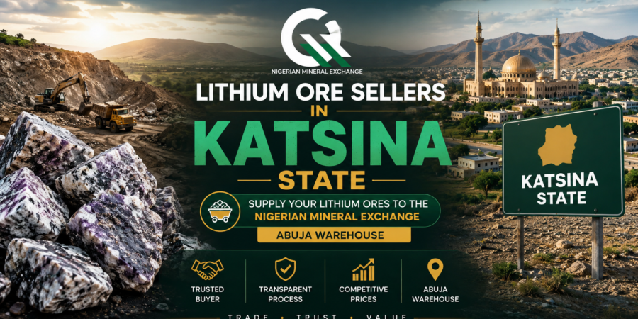 Premium banner showing lithium ore sellers in Katsina State supplying lithium ores to the Nigerian Mineral Exchange Abuja warehouse.