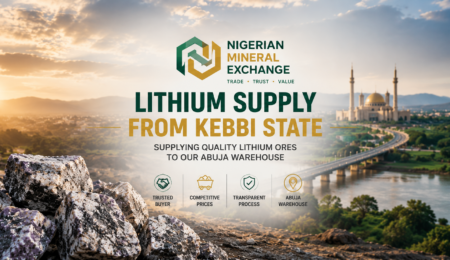 Premium banner showing lithium ore supply from Kebbi State to the Nigerian Mineral Exchange Abuja warehouse with lithium rocks and Northern Nigeria landscape.