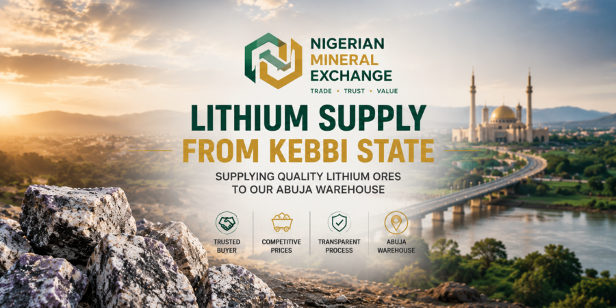 Premium banner showing lithium ore supply from Kebbi State to the Nigerian Mineral Exchange Abuja warehouse with lithium rocks and Northern Nigeria landscape.
