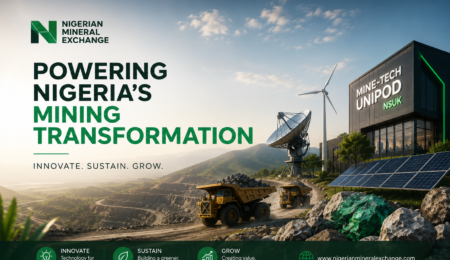 Futuristic mining innovation landscape in Nigeria featuring renewable energy, digital mining infrastructure, mineral processing technology, and the NSUK Mine-Tech UniPod ecosystem.