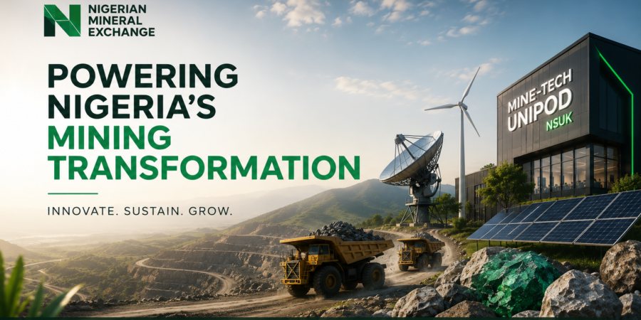 Futuristic mining innovation landscape in Nigeria featuring renewable energy, digital mining infrastructure, mineral processing technology, and the NSUK Mine-Tech UniPod ecosystem.