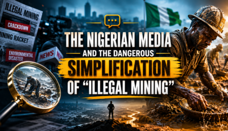 Premium editorial banner showing media microphones, mining communities, and headlines about illegal mining in Nigeria.