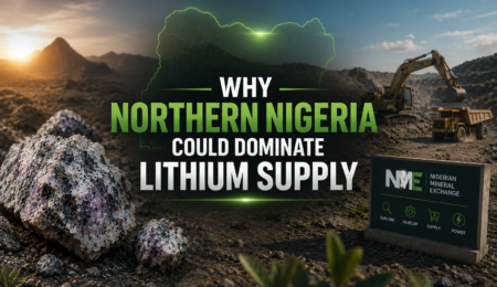 Cinematic lithium mining banner showing Northern Nigeria mining landscape, lithium ore deposits, heavy mining equipment, and strategic lithium supply development