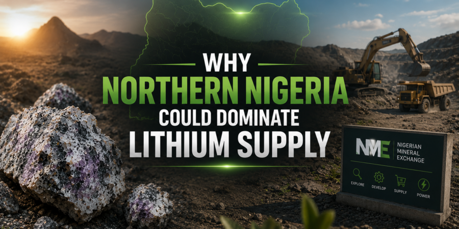 Cinematic lithium mining banner showing Northern Nigeria mining landscape, lithium ore deposits, heavy mining equipment, and strategic lithium supply development