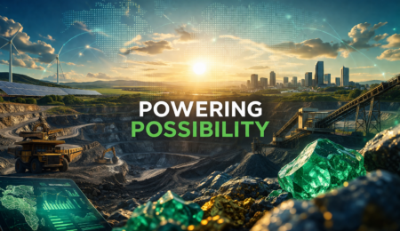 Futuristic mining landscape in Nigeria showing digital technology, renewable energy, and industrial mining operations representing the Mine-Tech UniPod ecosystem.