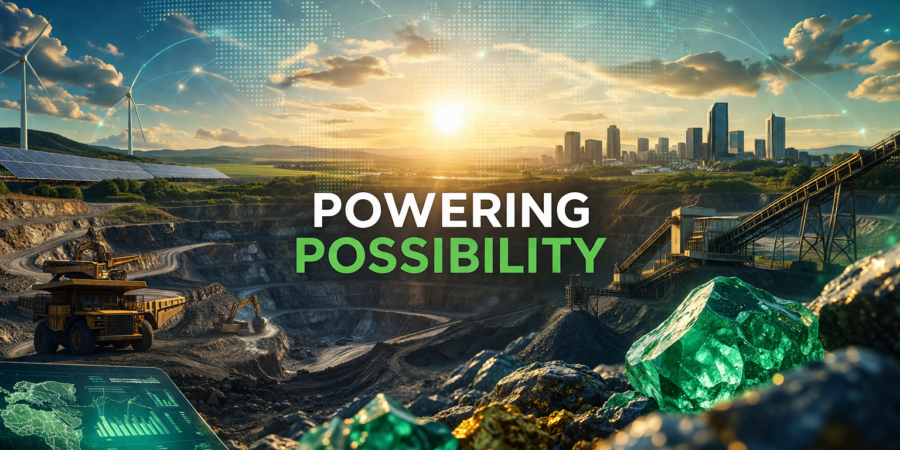 Futuristic mining landscape in Nigeria showing digital technology, renewable energy, and industrial mining operations representing the Mine-Tech UniPod ecosystem.