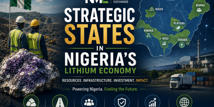 Professional lithium industry banner showing strategic Nigerian states, lithium resource regions, mining operations, infrastructure, and supply chain development