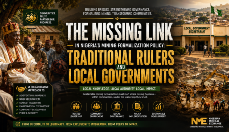 Premium editorial banner showing traditional rulers, local government institutions, and artisanal mining communities in Nigeria.