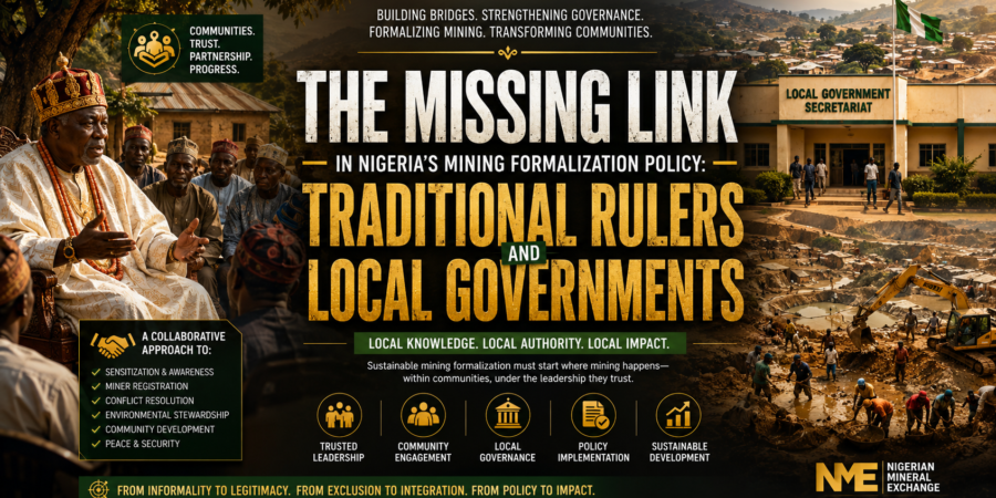 Premium editorial banner showing traditional rulers, local government institutions, and artisanal mining communities in Nigeria.