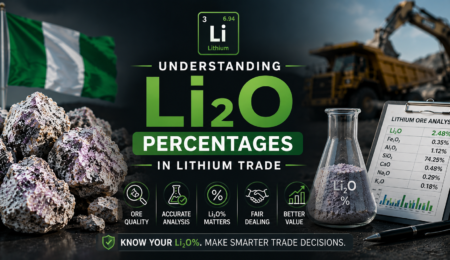 Professional lithium trade banner showing Li₂O percentage analysis, lithium ore samples, mining equipment, and laboratory testing visuals