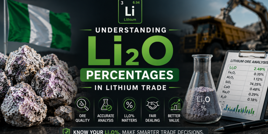 Li₂O percentages play a critical role in determining lithium ore quality, pricing, buyer interest, and overall trade value in Nigeria’s lithium market. Professional lithium trade banner showing Li₂O percentage analysis, lithium ore samples, mining equipment, and laboratory testing visuals