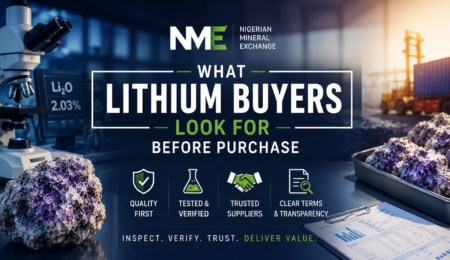 Professional lithium procurement banner showing laboratory testing, lithium ore samples, quality verification reports, and buyer evaluation criteria