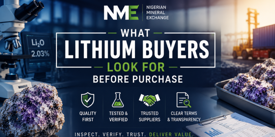 Professional lithium procurement banner showing laboratory testing, lithium ore samples, quality verification reports, and buyer evaluation criteria