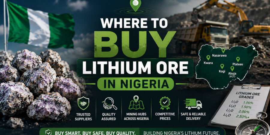 Professional lithium mining banner showing lithium ore rocks, mining equipment, supplier locations, and Nigerian lithium trade visuals