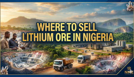 Large graphic text reading Where to Sell Lithium Ore in Nigeria over a digital landscape banner of a mining site, transport trucks, and a logo.
