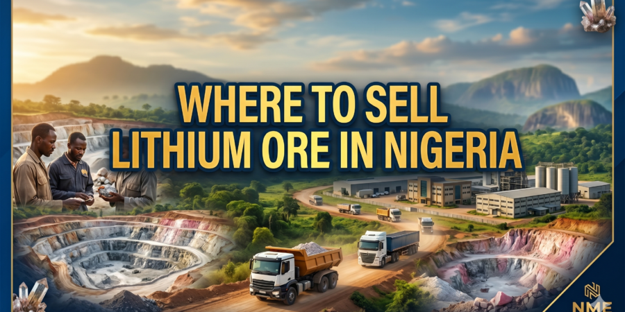 Large graphic text reading Where to Sell Lithium Ore in Nigeria over a digital landscape banner of a mining site, transport trucks, and a logo.