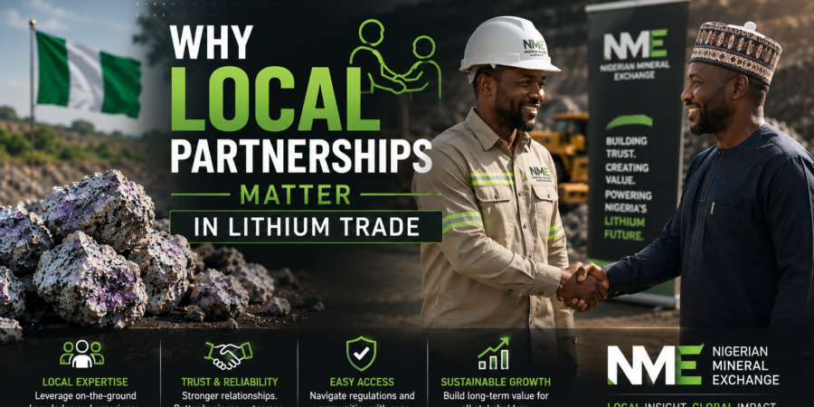 Professional corporate lithium trade banner showing business partnership handshake, mining environment, lithium ore, and Nigerian lithium industry collaboration