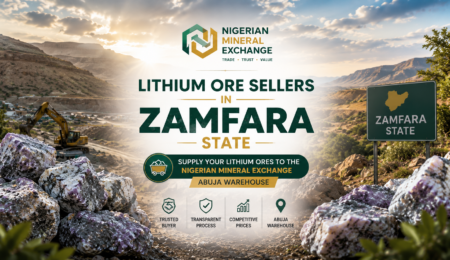 Premium banner showing lithium ore sellers in Zamfara State supplying lithium ores to the Nigerian Mineral Exchange Abuja warehouse.