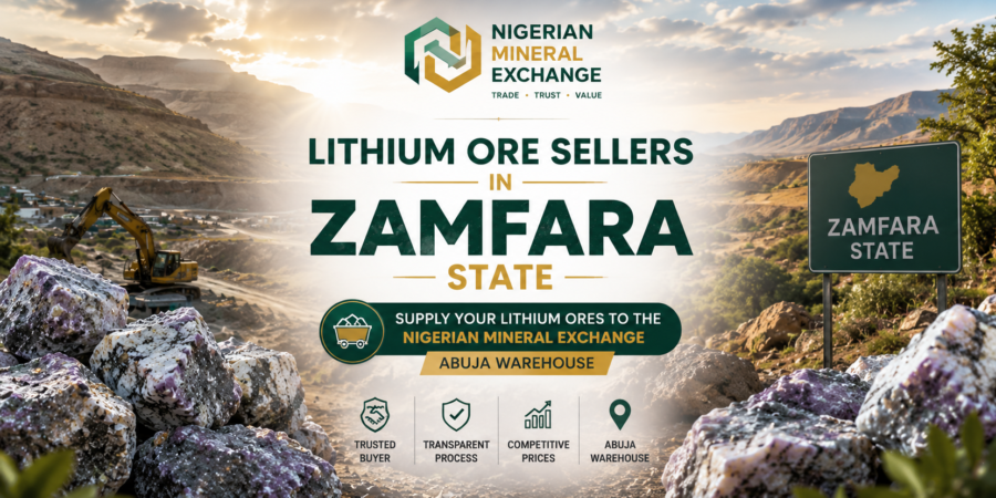 The Nigerian Mineral Exchange is expanding its lithium ore buying and aggregation network across Zamfara State for supply to Abuja. Premium banner showing lithium ore sellers in Zamfara State supplying lithium ores to the Nigerian Mineral Exchange Abuja warehouse.