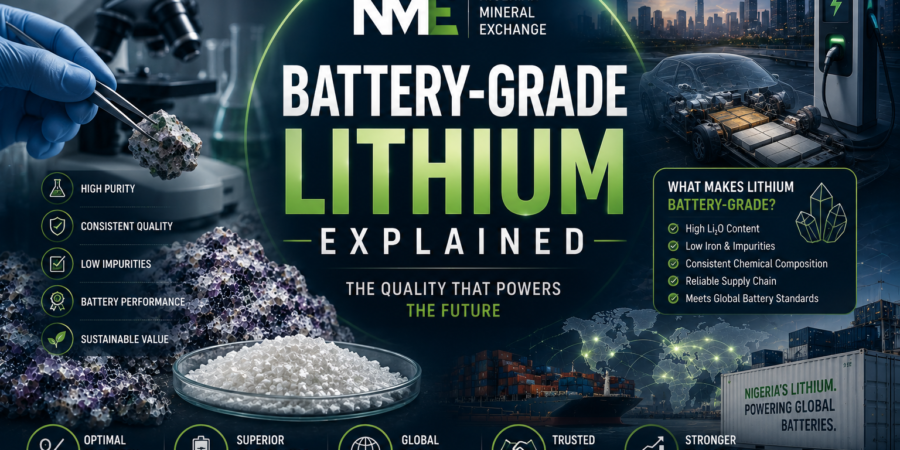 Professional battery-grade lithium banner showing lithium laboratory testing, refined lithium compounds, electric vehicle batteries, and global battery supply chain applications