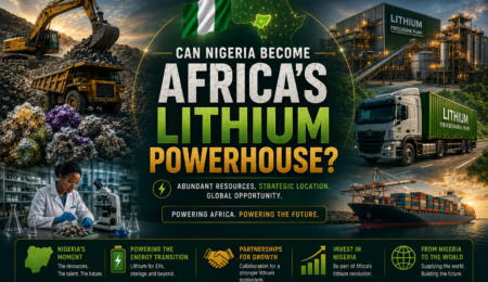 Premium lithium industry banner showing Nigerian lithium mining, mineral processing, laboratory testing, export logistics, African market connectivity, and lithium value-chain development