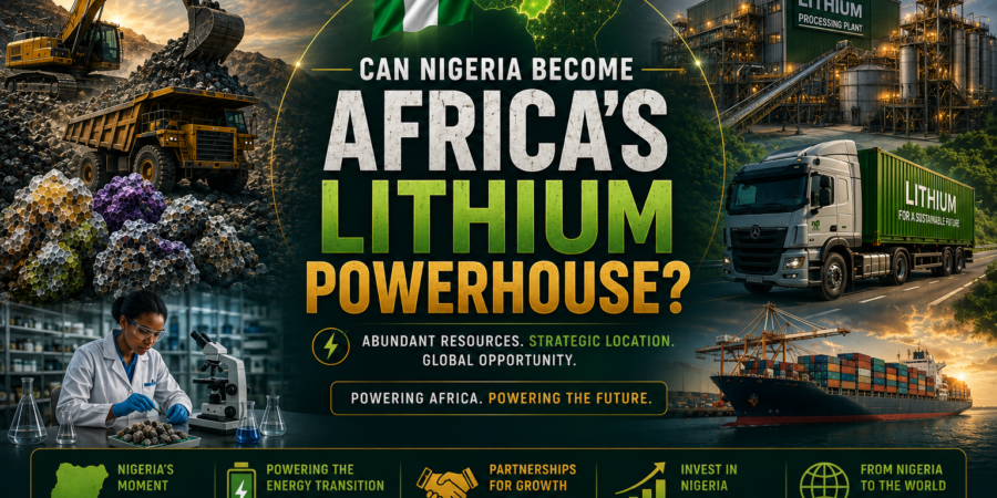 Nigeria possesses significant lithium resources, growing investment interest, expanding processing capacity, and strategic geographic advantages that could support its emergence as a major lithium producer in Africa. Premium lithium industry banner showing Nigerian lithium mining, mineral processing, laboratory testing, export logistics, African market connectivity, and lithium value-chain development