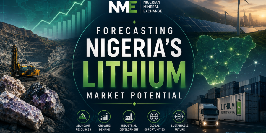 Nigeria’s lithium industry is attracting increasing attention as investors, processors, buyers, and policymakers assess the country’s long-term potential in the global battery minerals market. Premium lithium market intelligence banner showing growth projections, Nigerian lithium resources, supply chain infrastructure, renewable energy, and future market opportunities