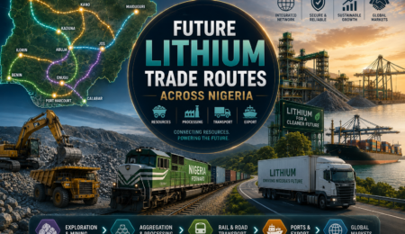 Premium logistics intelligence banner showing Nigeria's future lithium trade routes, rail corridors, highways, processing facilities, export ports, freight transport, and strategic supply chain infrastructure