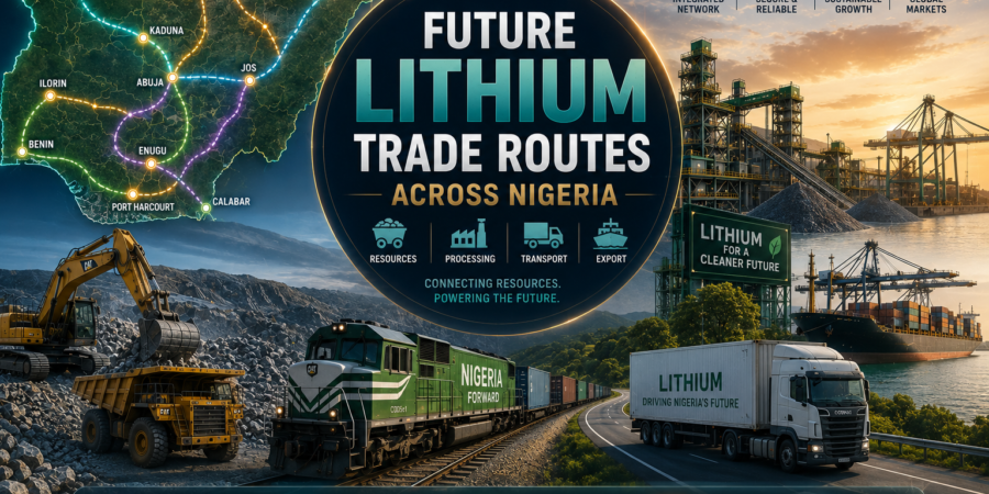Premium logistics intelligence banner showing Nigeria's future lithium trade routes, rail corridors, highways, processing facilities, export ports, freight transport, and strategic supply chain infrastructure