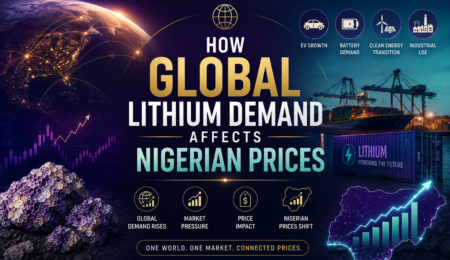 Growing global demand for lithium from electric vehicles, battery manufacturers, energy storage systems, and industrial users can significantly influence lithium prices in Nigeria. Premium lithium market intelligence banner showing global lithium demand, international trade flows, commodity price trends, Nigerian lithium market growth, and battery mineral economics