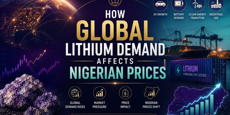 Growing global demand for lithium from electric vehicles, battery manufacturers, energy storage systems, and industrial users can significantly influence lithium prices in Nigeria. Premium lithium market intelligence banner showing global lithium demand, international trade flows, commodity price trends, Nigerian lithium market growth, and battery mineral economics