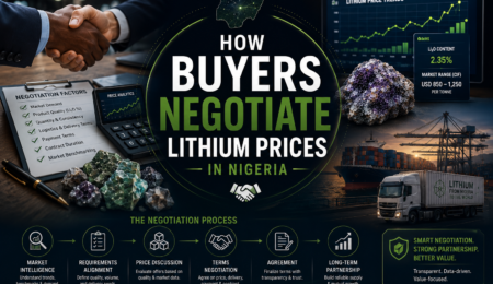Professional lithium trade banner showing price negotiations, lithium ore valuation, market analysis, contract discussions, and export logistics in Nigeria