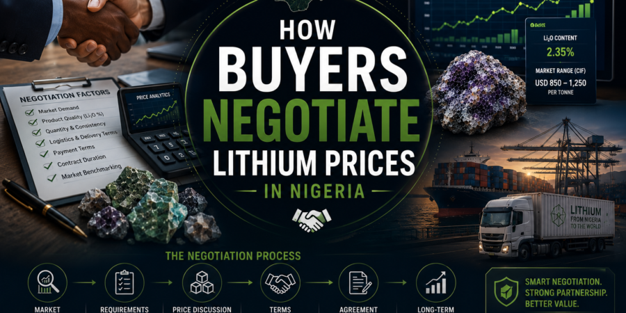 Lithium pricing negotiations in Nigeria are influenced by ore grade, Li₂O content, impurities, supply availability, logistics costs, market demand, and long-term commercial relationships. Professional lithium trade banner showing price negotiations, lithium ore valuation, market analysis, contract discussions, and export logistics in Nigeria