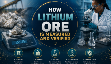 Premium laboratory banner showing lithium ore sampling, digital weighing scale, laboratory testing, microscope analysis, assay verification, and quality assurance procedures