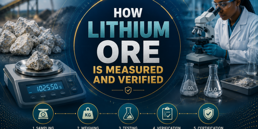 Premium laboratory banner showing lithium ore sampling, digital weighing scale, laboratory testing, microscope analysis, assay verification, and quality assurance procedures