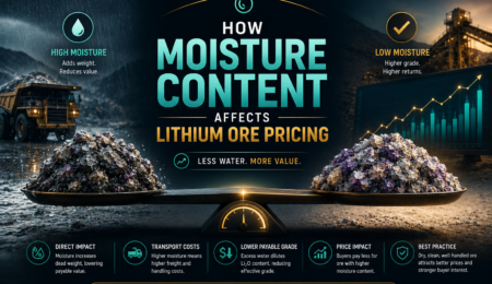 Premium lithium ore pricing banner showing wet and dry lithium ore comparison, moisture impact analysis, weighing scale, mining operations, and lithium value assessment