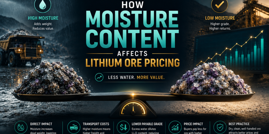 Moisture content can significantly affect lithium ore pricing by increasing transport weight, reducing payable grade, and influencing the commercial value buyers assign to a shipment. Premium lithium ore pricing banner showing wet and dry lithium ore comparison, moisture impact analysis, weighing scale, mining operations, and lithium value assessment