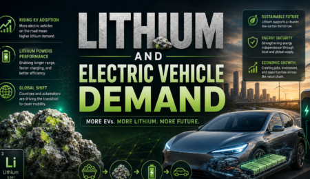 Premium electric vehicle and lithium industry banner showing EV battery technology, lithium minerals, electric car infrastructure, battery supply chains, and growing electric vehicle demand