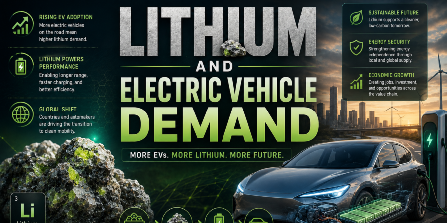 Premium electric vehicle and lithium industry banner showing EV battery technology, lithium minerals, electric car infrastructure, battery supply chains, and growing electric vehicle demand
