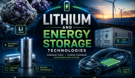 Premium energy technology banner showing lithium batteries, grid-scale energy storage systems, electric vehicles, renewable energy infrastructure, and advanced battery technologies
