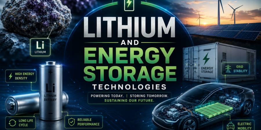 Premium energy technology banner showing lithium batteries, grid-scale energy storage systems, electric vehicles, renewable energy infrastructure, and advanced battery technologies