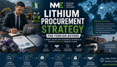 Professional lithium procurement banner showing international buyer strategy, Nigerian lithium sourcing, export logistics, supplier evaluation, and global supply chain management