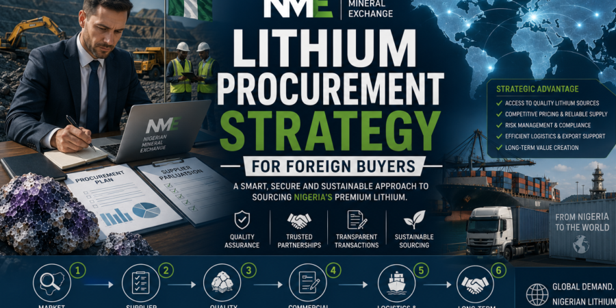 Professional lithium procurement banner showing international buyer strategy, Nigerian lithium sourcing, export logistics, supplier evaluation, and global supply chain management