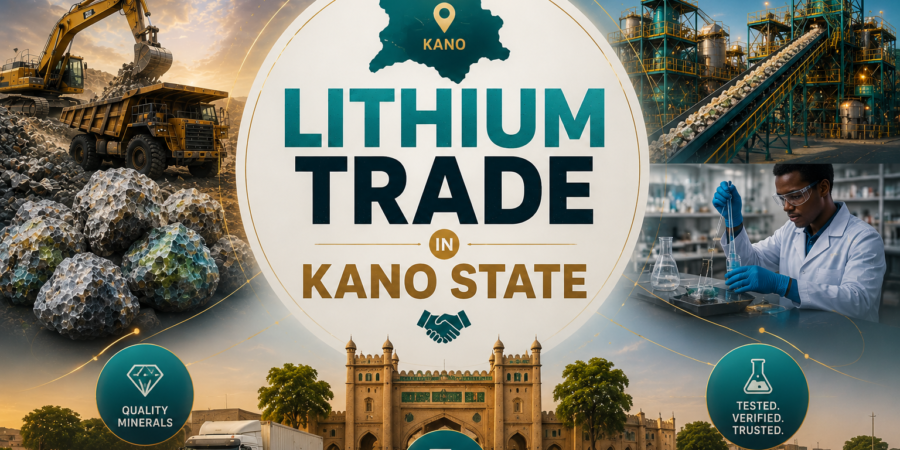 Premium lithium trade banner featuring Kano State, lithium mining operations, mineral processing facilities, laboratory testing, logistics, Kano city landmarks, and Nigeria's growing battery minerals industry