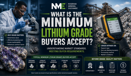 Professional lithium testing banner showing laboratory analysis, Li₂O grade measurement, lithium ore samples, and buyer quality assessment standards