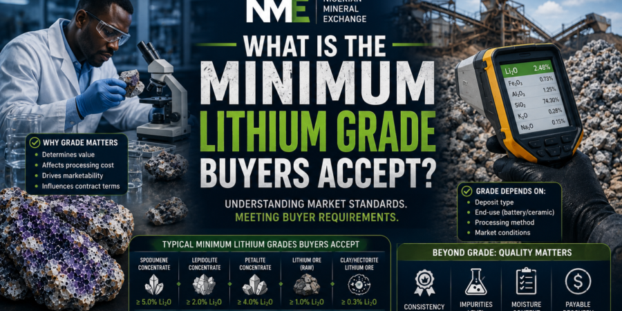 Professional lithium testing banner showing laboratory analysis, Li₂O grade measurement, lithium ore samples, and buyer quality assessment standards
