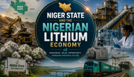 Premium lithium industry banner featuring Niger State, lithium mining operations, mineral processing facilities, laboratory analysis, logistics infrastructure, rail transport, and Nigeria's growing battery minerals economy