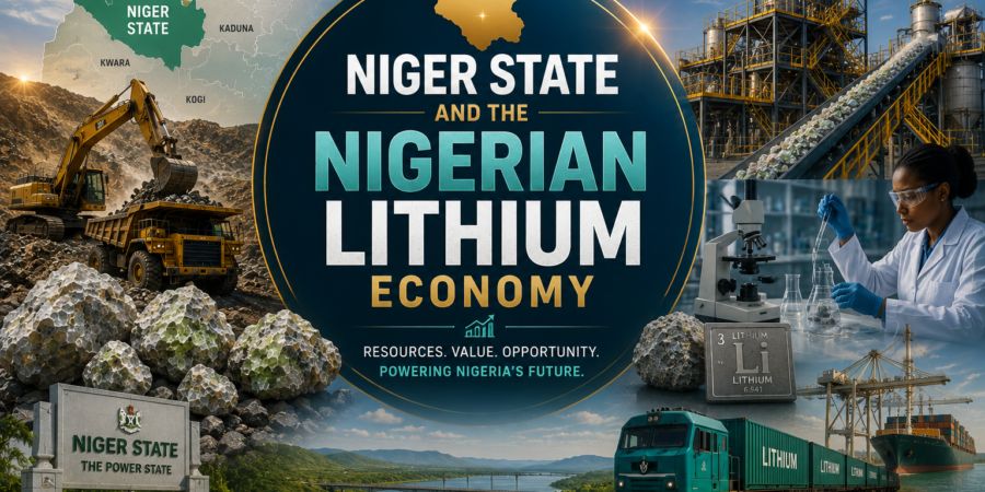 Premium lithium industry banner featuring Niger State, lithium mining operations, mineral processing facilities, laboratory analysis, logistics infrastructure, rail transport, and Nigeria's growing battery minerals economy