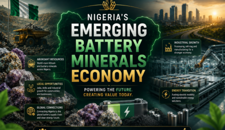 Premium battery minerals economy banner showing lithium resources, battery manufacturing, industrial development, mineral processing, energy transition technologies, and Nigeria's growing critical minerals sector
