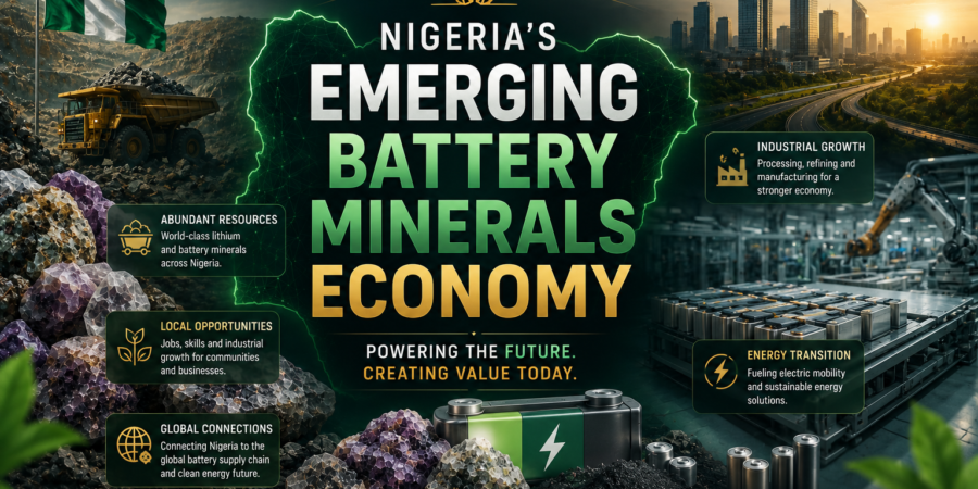 Nigeria is emerging as a significant player in the global battery minerals economy, driven by growing interest in lithium, graphite, nickel, cobalt, and other critical minerals essential to the energy transition. Premium battery minerals economy banner showing lithium resources, battery manufacturing, industrial development, mineral processing, energy transition technologies, and Nigeria's growing critical minerals sector